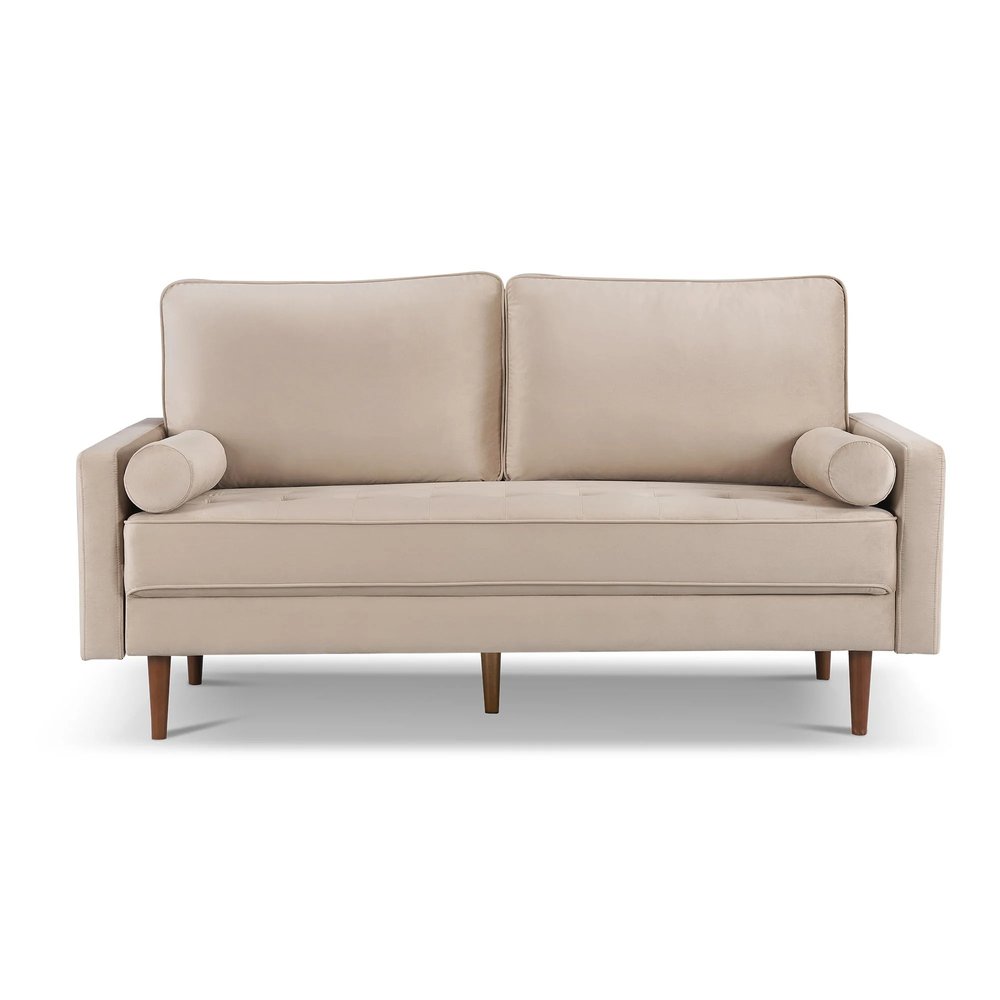 69" Beige Velvet Sofa And Toss Pillows With Dark Brown Legs HomeRoots