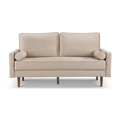 69" Beige Velvet Sofa And Toss Pillows With Dark Brown Legs HomeRoots