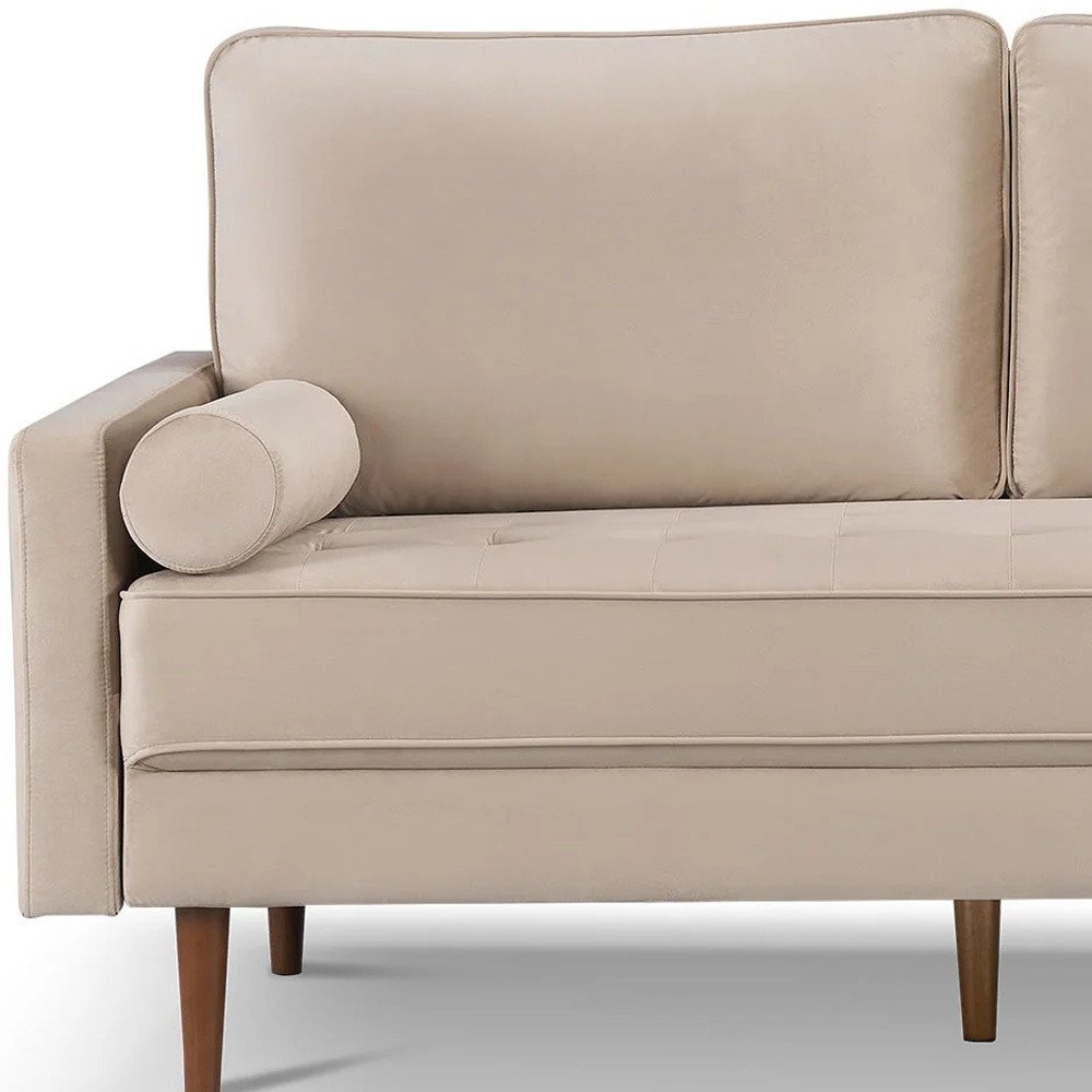 69" Beige Velvet Sofa And Toss Pillows With Dark Brown Legs HomeRoots