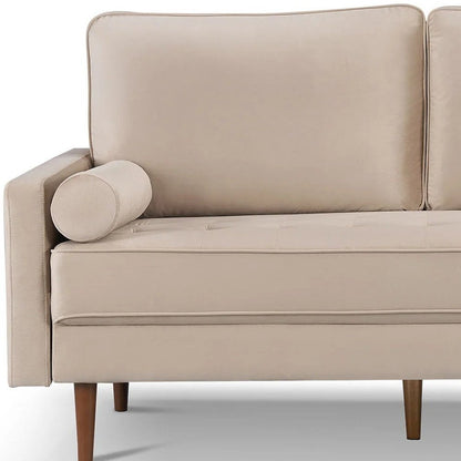 69" Beige Velvet Sofa And Toss Pillows With Dark Brown Legs HomeRoots