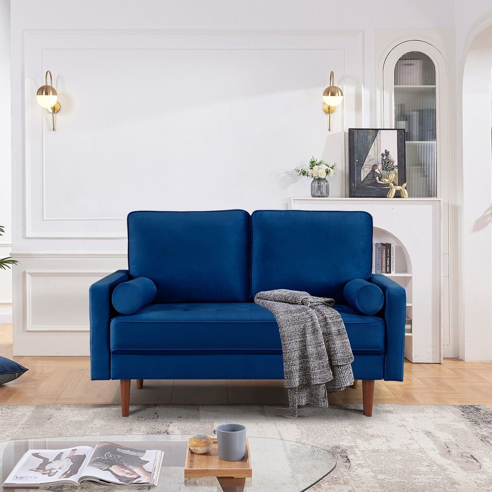 57" Blue And Dark Brown Velvet Loveseat and Toss Pillows HomeRoots