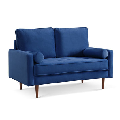 57" Blue And Dark Brown Velvet Loveseat and Toss Pillows HomeRoots