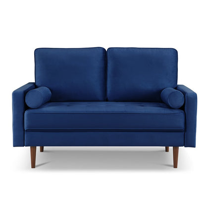 57" Blue And Dark Brown Velvet Loveseat and Toss Pillows HomeRoots