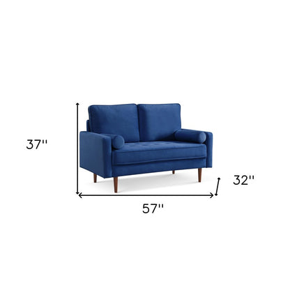 57" Blue And Dark Brown Velvet Loveseat and Toss Pillows HomeRoots
