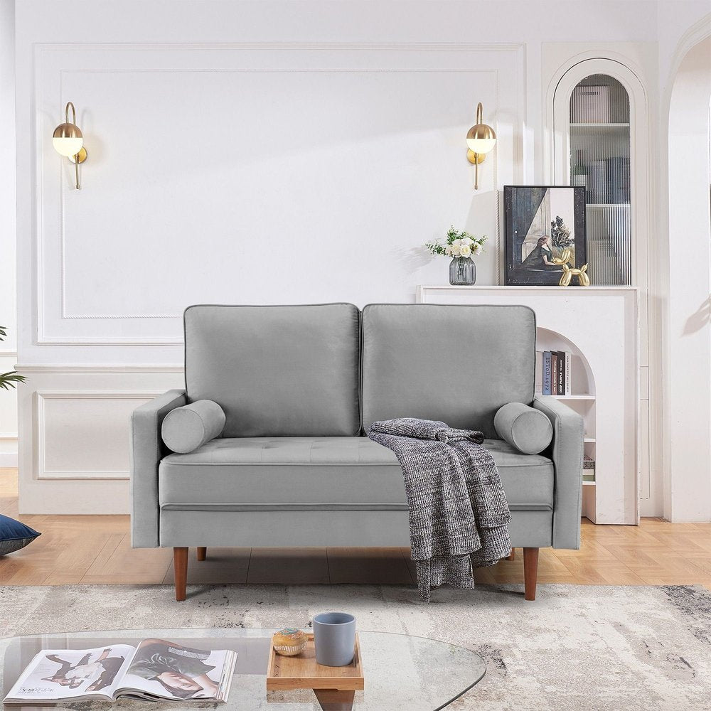57" Gray And Dark Brown Velvet Loveseat and Toss Pillows HomeRoots