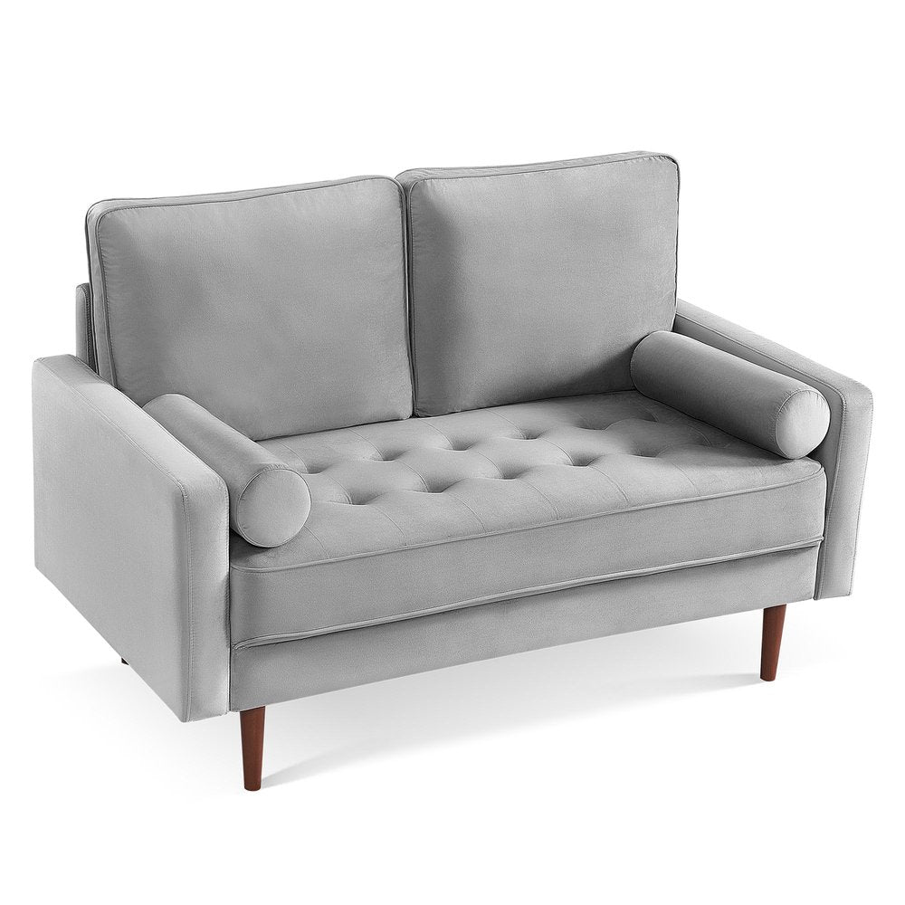 57" Gray And Dark Brown Velvet Loveseat and Toss Pillows HomeRoots