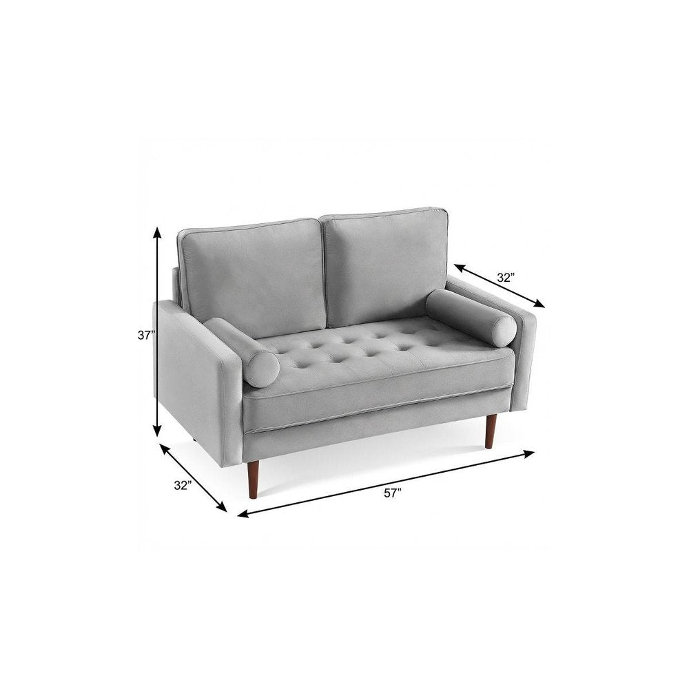 57" Gray And Dark Brown Velvet Loveseat and Toss Pillows HomeRoots