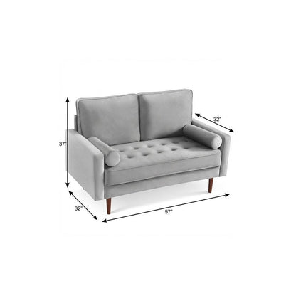 57" Gray And Dark Brown Velvet Loveseat and Toss Pillows HomeRoots