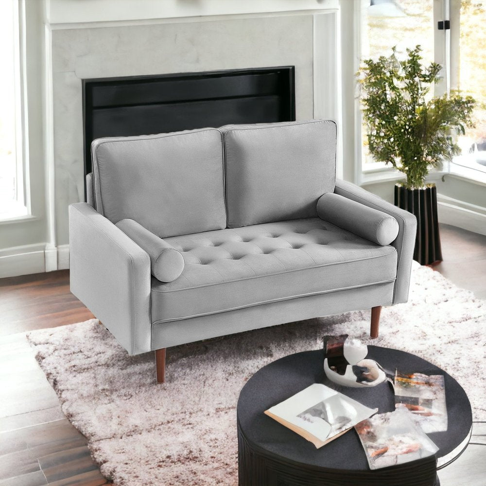 57" Gray And Dark Brown Velvet Loveseat and Toss Pillows HomeRoots