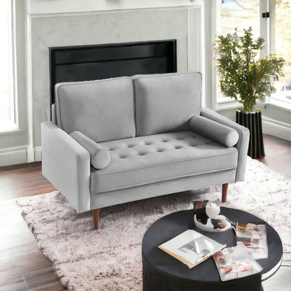 57" Gray And Dark Brown Velvet Loveseat and Toss Pillows HomeRoots
