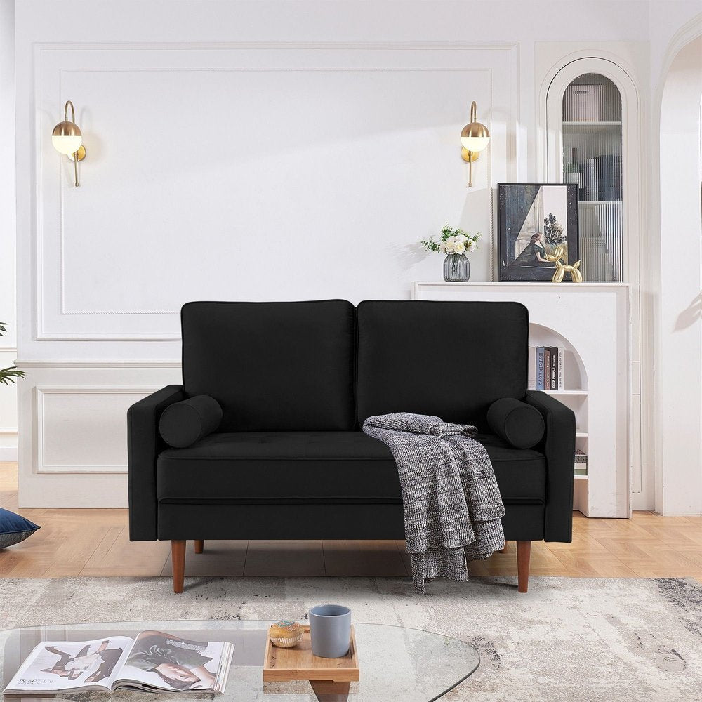 57" Black And Dark Brown Velvet Loveseat and Toss Pillows HomeRoots