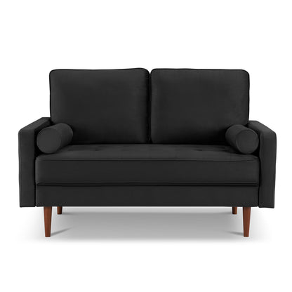 57" Black And Dark Brown Velvet Loveseat and Toss Pillows