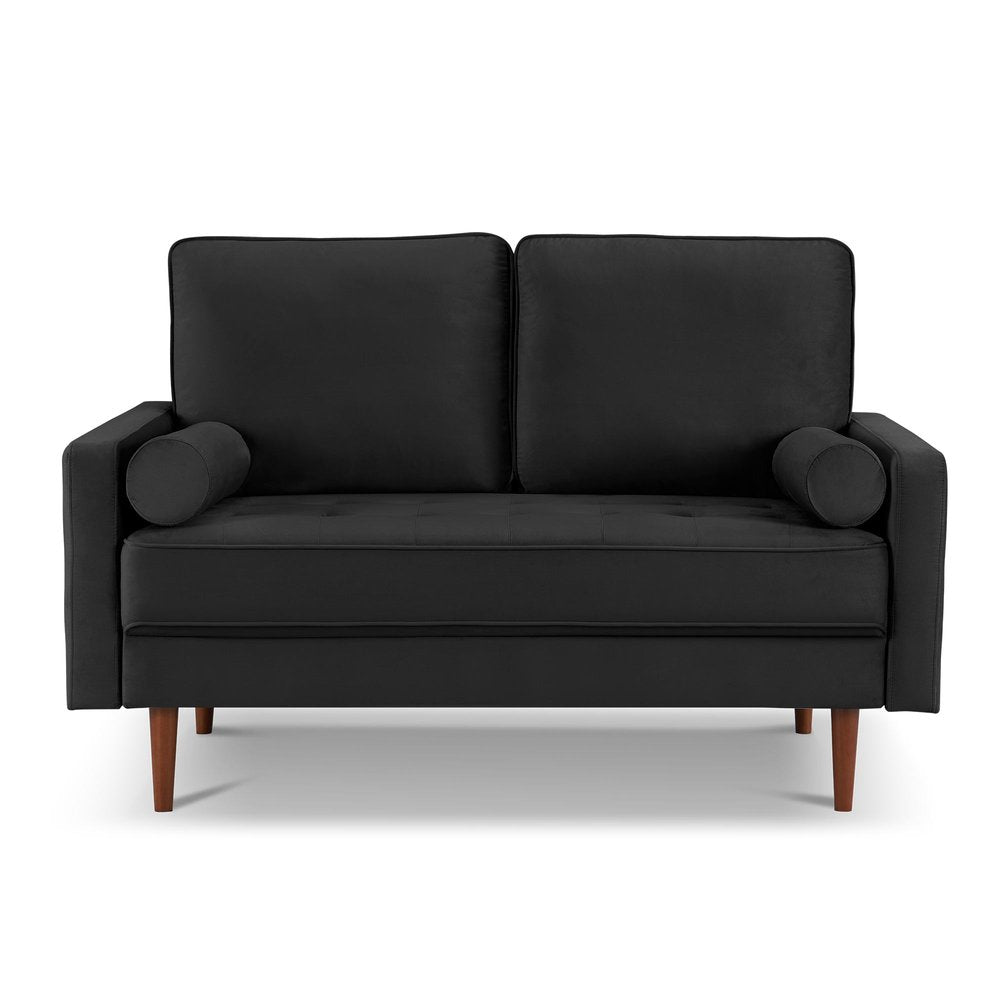 57" Black And Dark Brown Velvet Loveseat and Toss Pillows HomeRoots