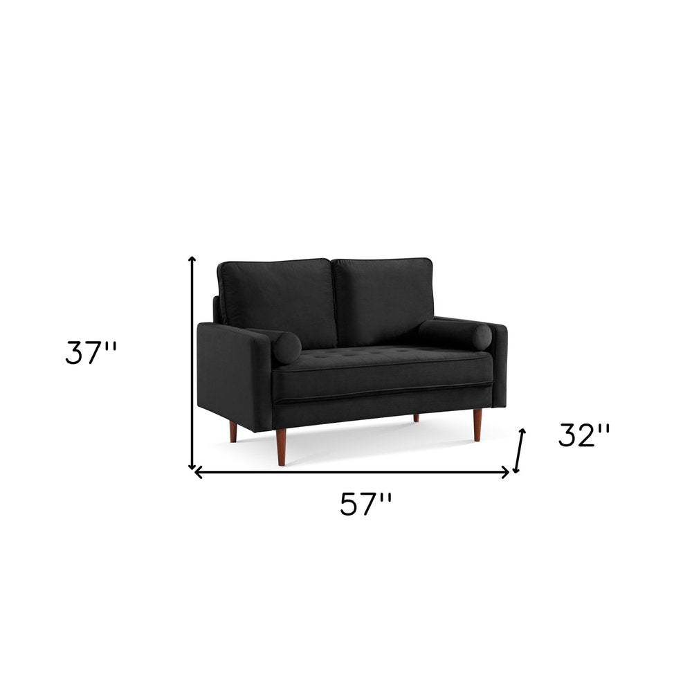 57" Black And Dark Brown Velvet Loveseat and Toss Pillows HomeRoots
