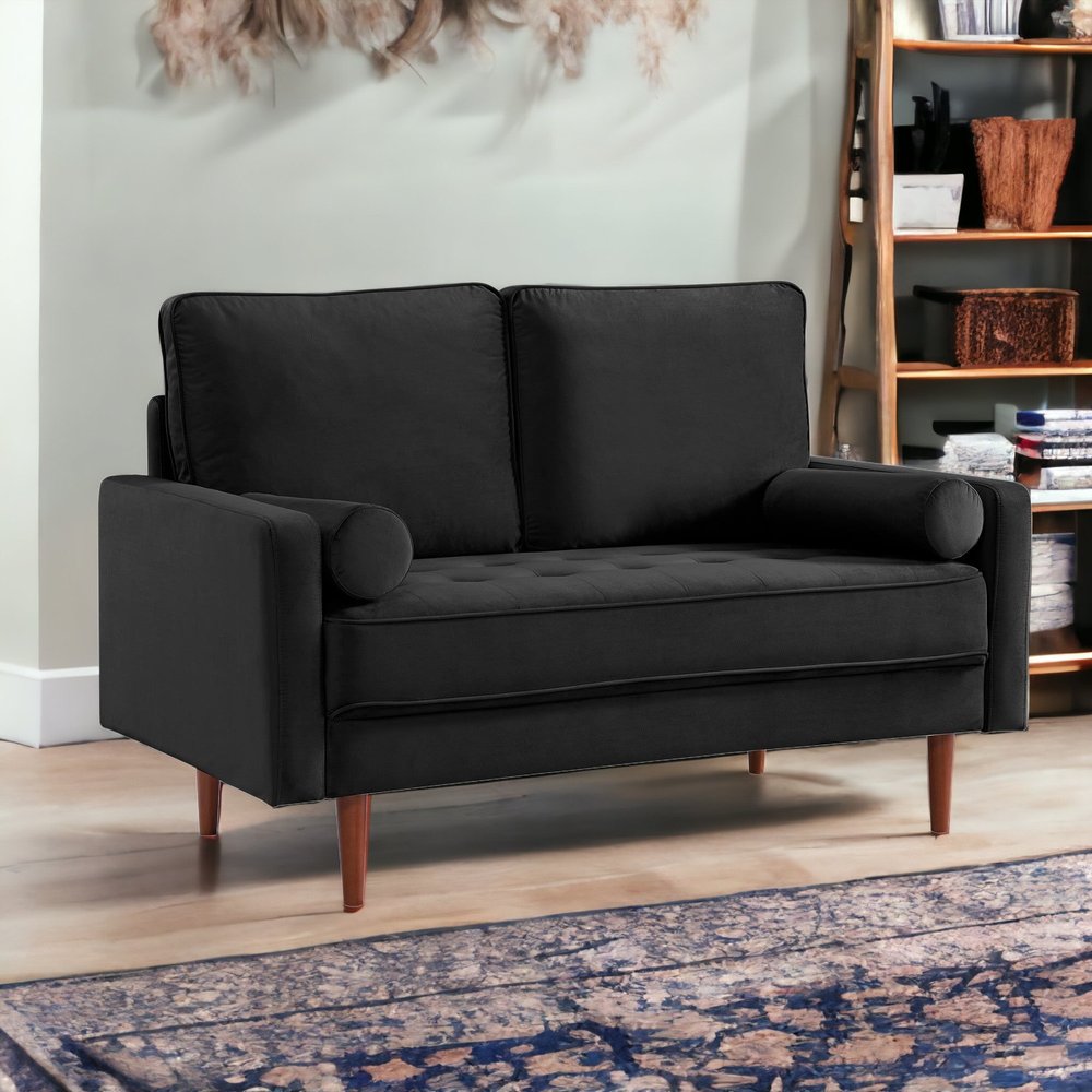 57" Black And Dark Brown Velvet Loveseat and Toss Pillows HomeRoots