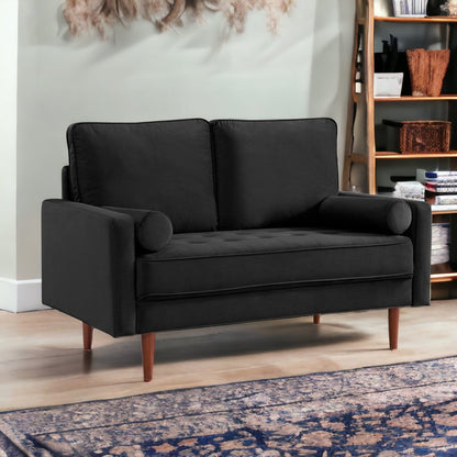57" Black And Dark Brown Velvet Loveseat and Toss Pillows HomeRoots