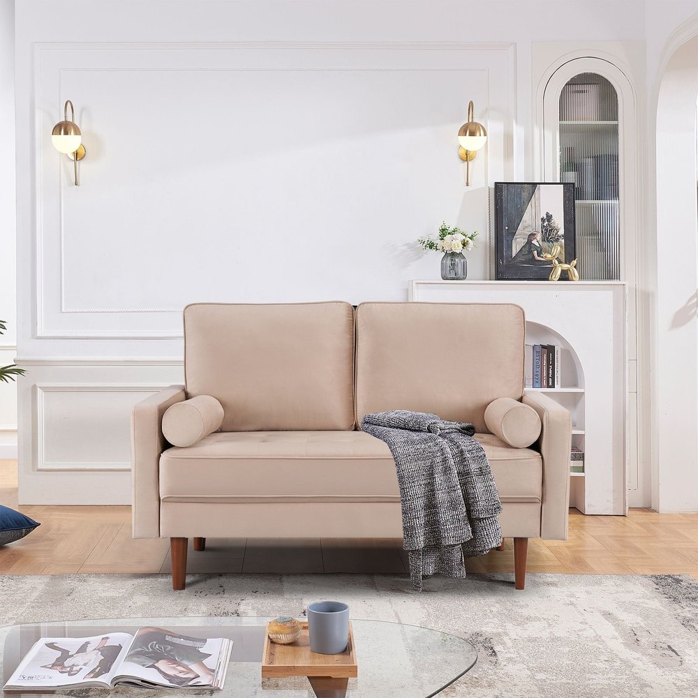 57" Beige And Dark Brown Velvet Loveseat and Toss Pillows HomeRoots