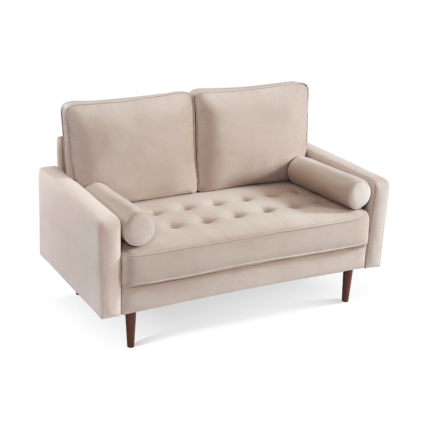 57" Beige And Dark Brown Velvet Loveseat and Toss Pillows