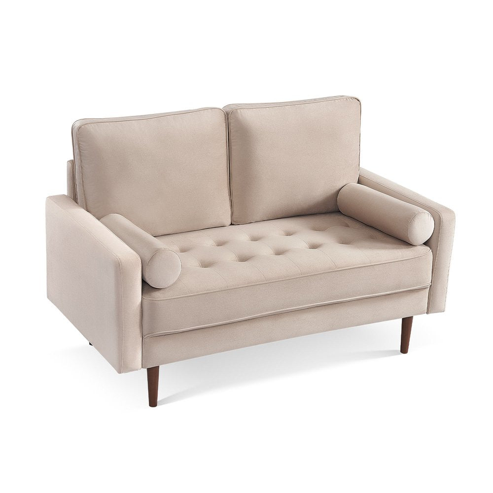 57" Beige And Dark Brown Velvet Loveseat and Toss Pillows HomeRoots