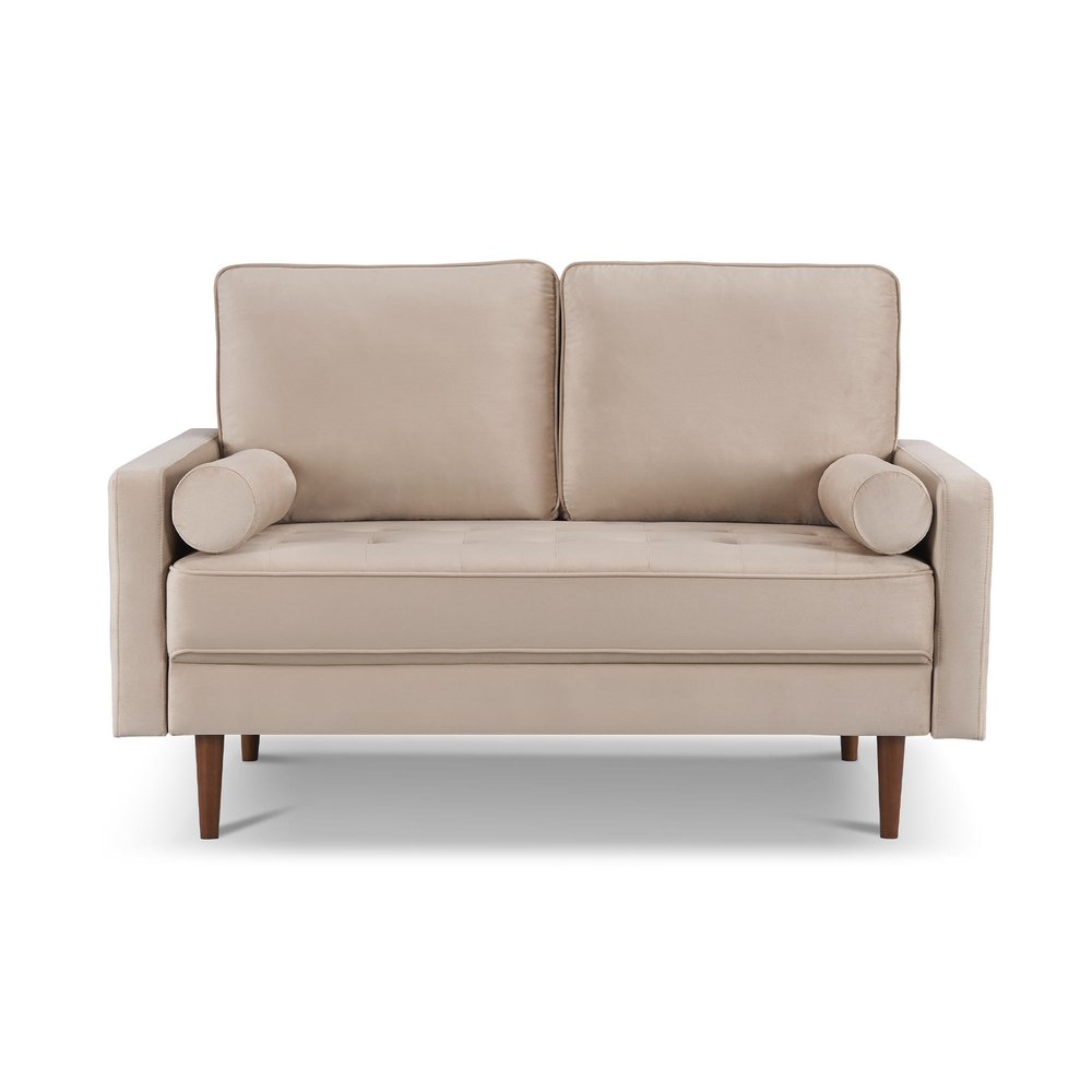 57" Beige And Dark Brown Velvet Loveseat and Toss Pillows HomeRoots