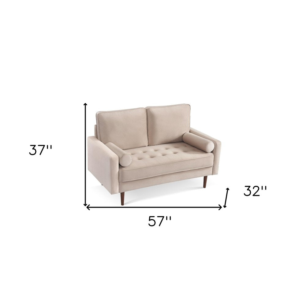 57" Beige And Dark Brown Velvet Loveseat and Toss Pillows HomeRoots