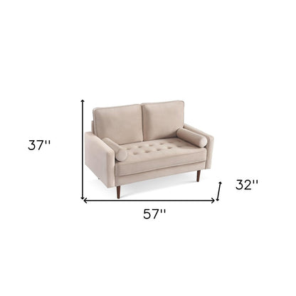 57" Beige And Dark Brown Velvet Loveseat and Toss Pillows HomeRoots