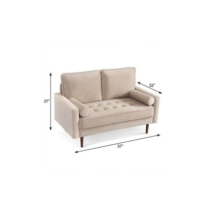57" Beige And Dark Brown Velvet Loveseat and Toss Pillows HomeRoots