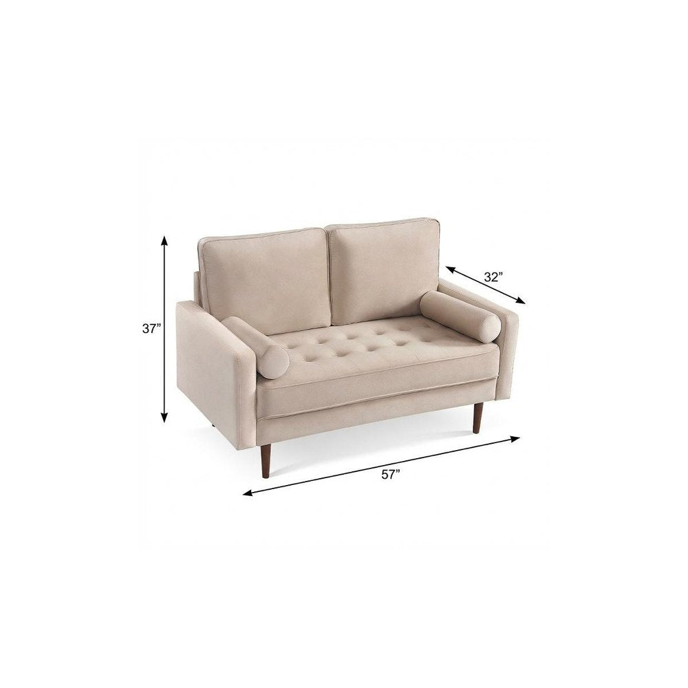 57" Beige And Dark Brown Velvet Loveseat and Toss Pillows HomeRoots