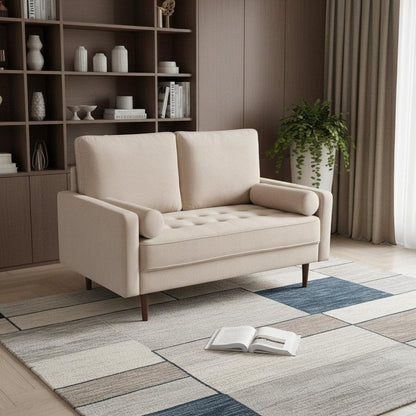 57" Beige And Dark Brown Velvet Loveseat and Toss Pillows HomeRoots