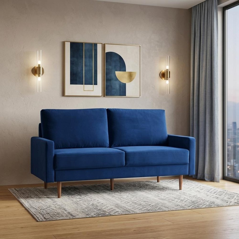 69" Blue Velvet Sofa With Dark Brown Legs HomeRoots