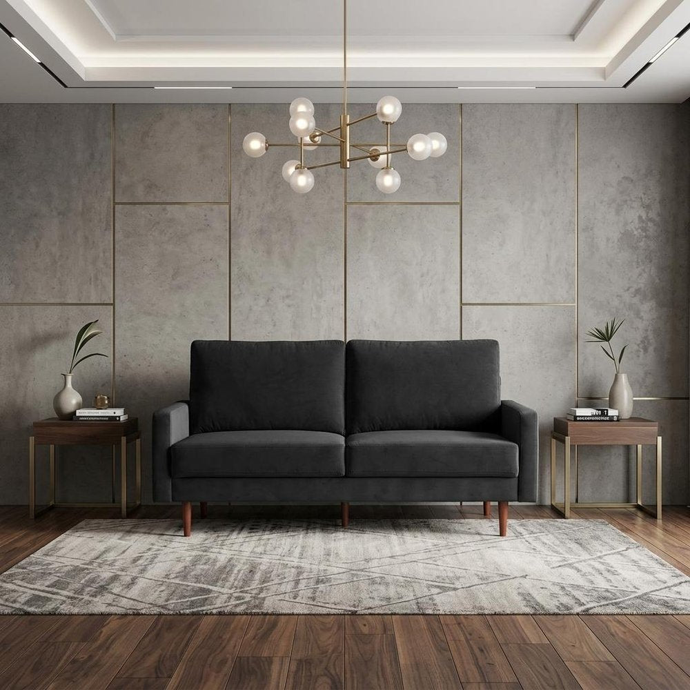 69" Black Velvet Sofa With Dark Brown Legs HomeRoots