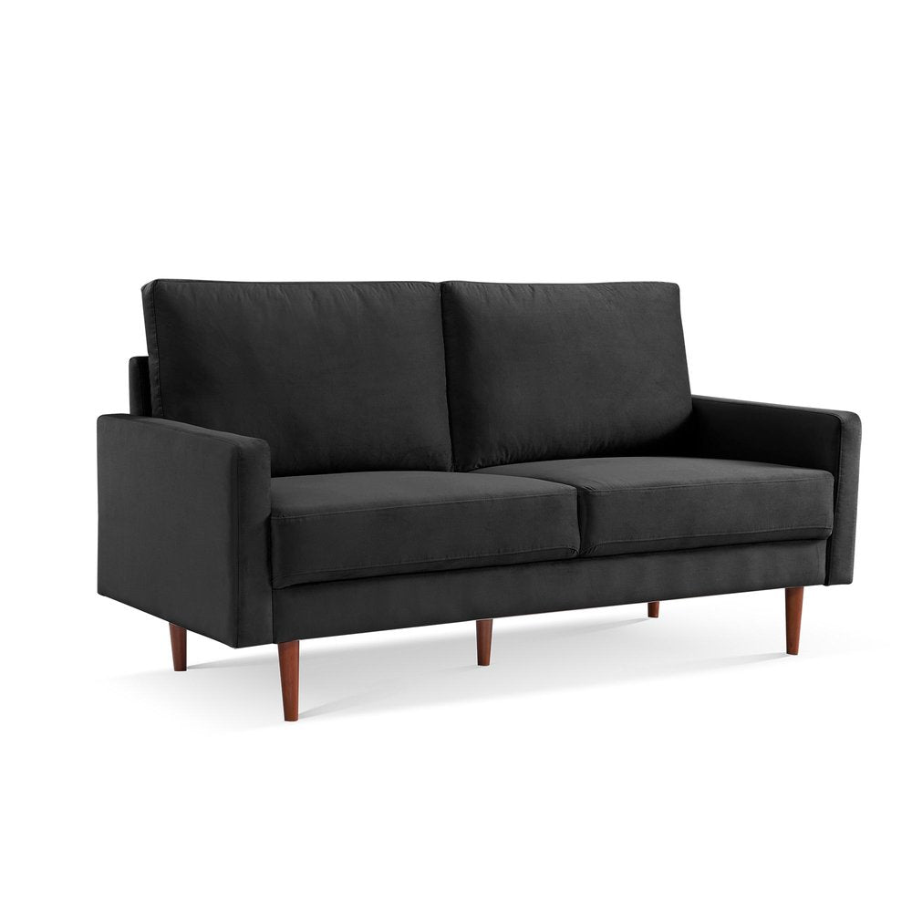 69" Black Velvet Sofa With Dark Brown Legs HomeRoots