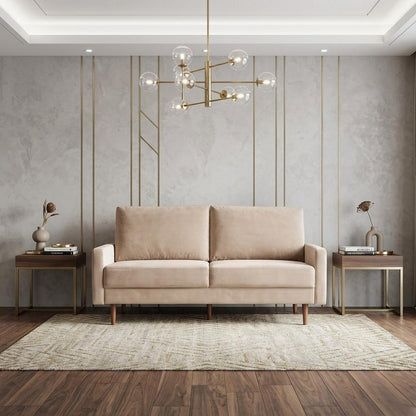 69" Beige Velvet Sofa With Dark Brown Legs HomeRoots