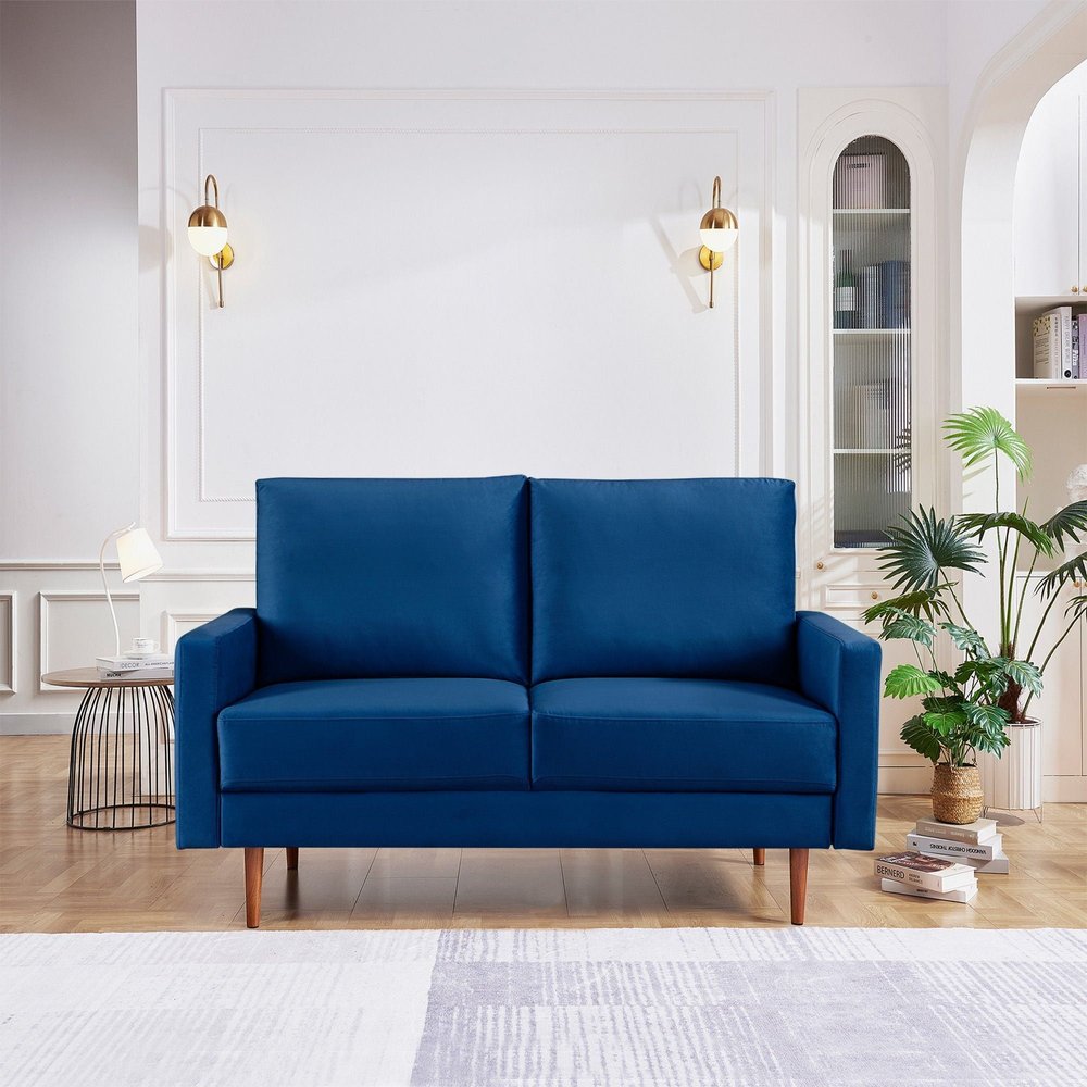 57" Blue And Dark Brown Velvet Loveseat HomeRoots