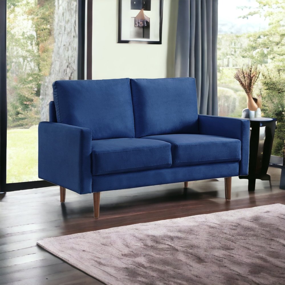 57" Blue And Dark Brown Velvet Loveseat HomeRoots