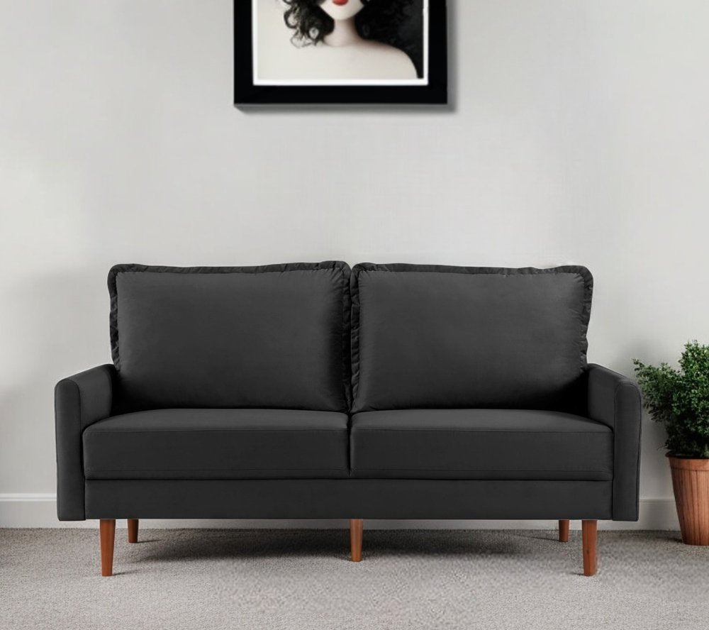 69" Black Velvet Sofa With Dark Brown Legs HomeRoots