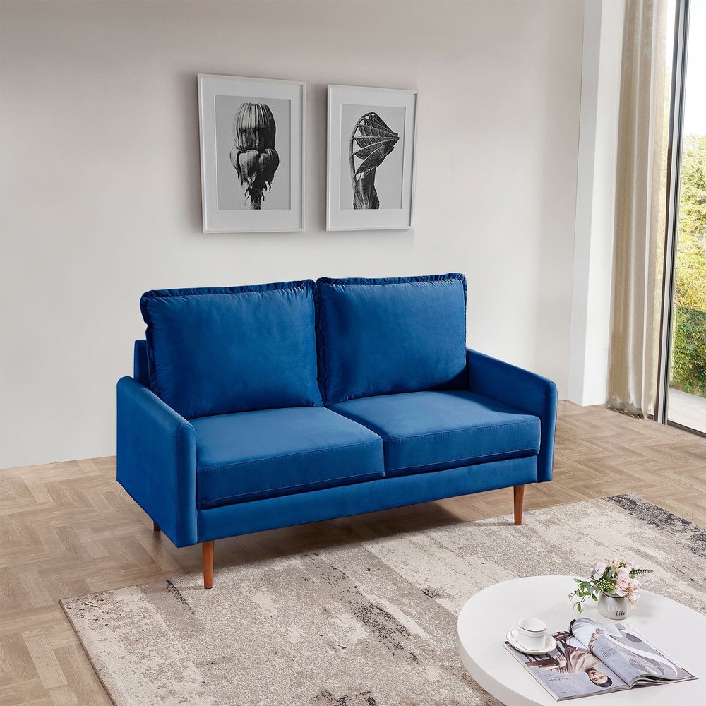 57" Blue And Dark Brown Velvet Loveseat HomeRoots