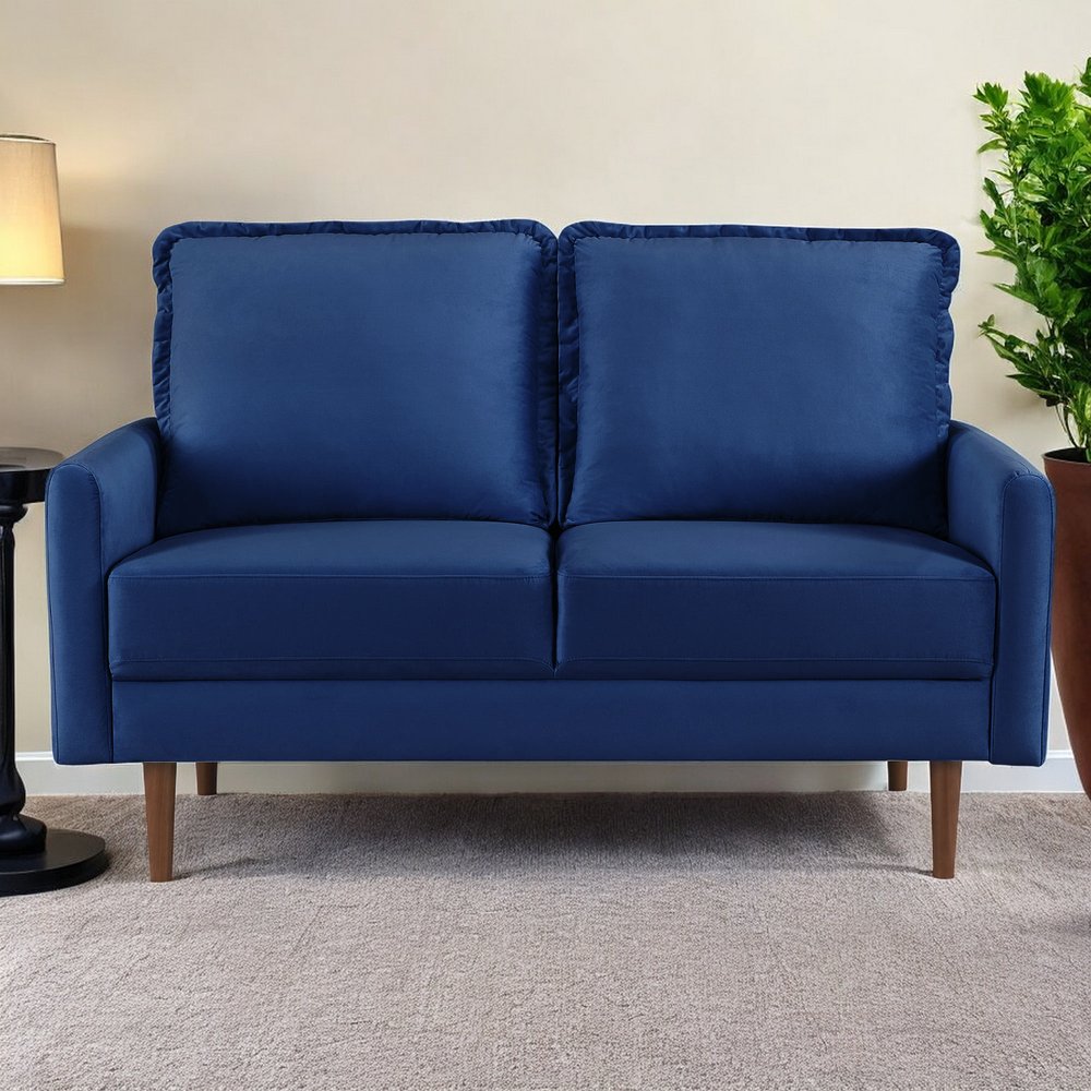 57" Blue And Dark Brown Velvet Loveseat HomeRoots
