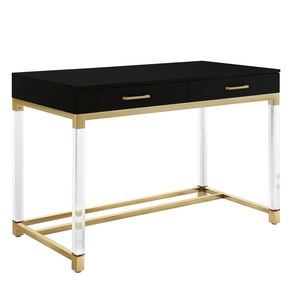 48" Black Clear and Gold Wood Acrylic and Stainless Steel Writing Desk With Two Drawers HomeRoots
