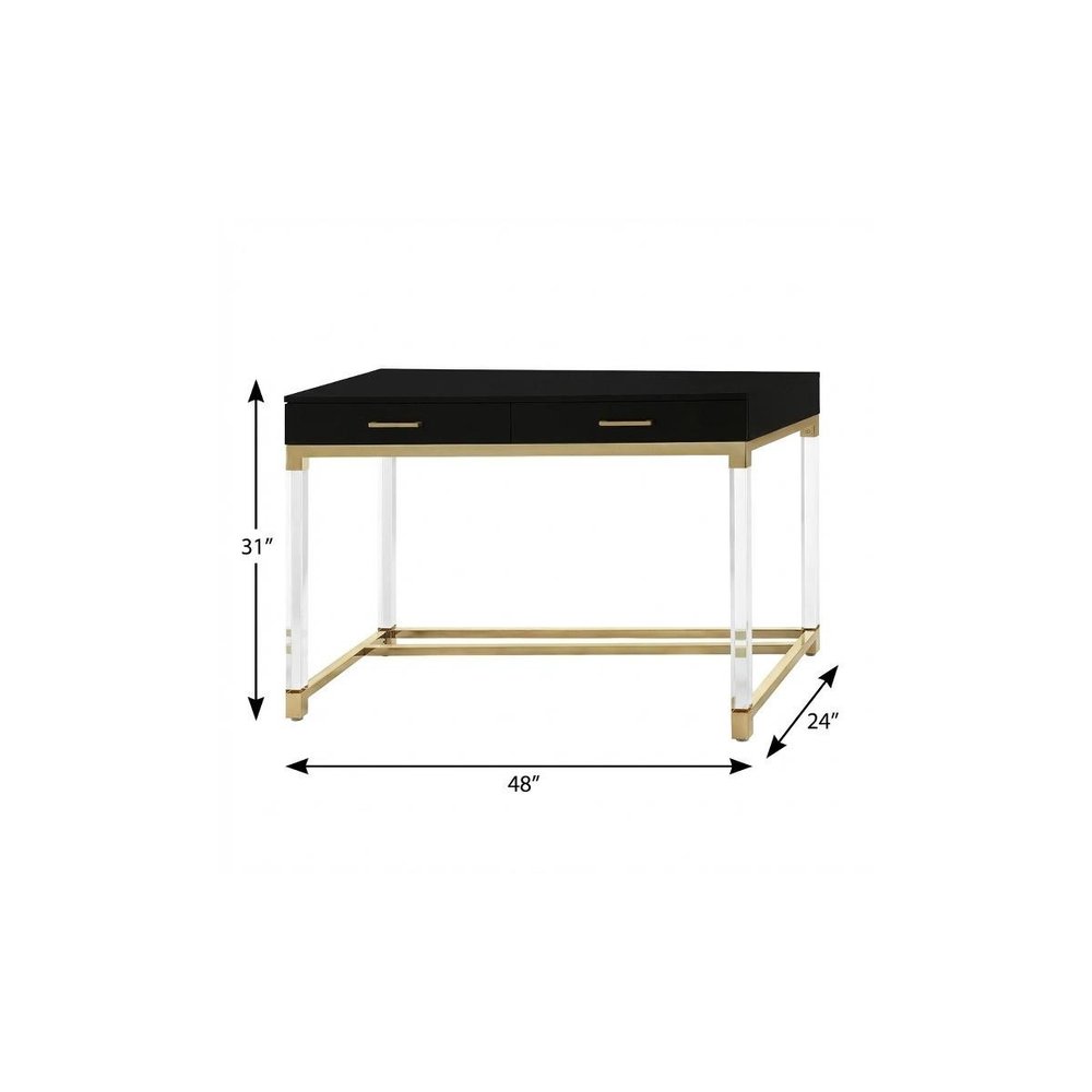 48" Black Clear and Gold Wood Acrylic and Stainless Steel Writing Desk With Two Drawers HomeRoots