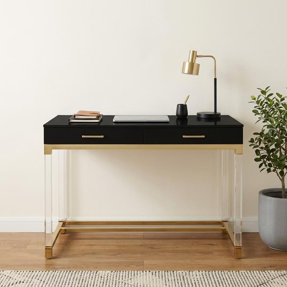 48" Black Clear and Gold Wood Acrylic and Stainless Steel Writing Desk With Two Drawers HomeRoots