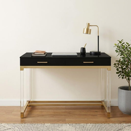 48" Black Clear and Gold Wood Acrylic and Stainless Steel Writing Desk With Two Drawers
