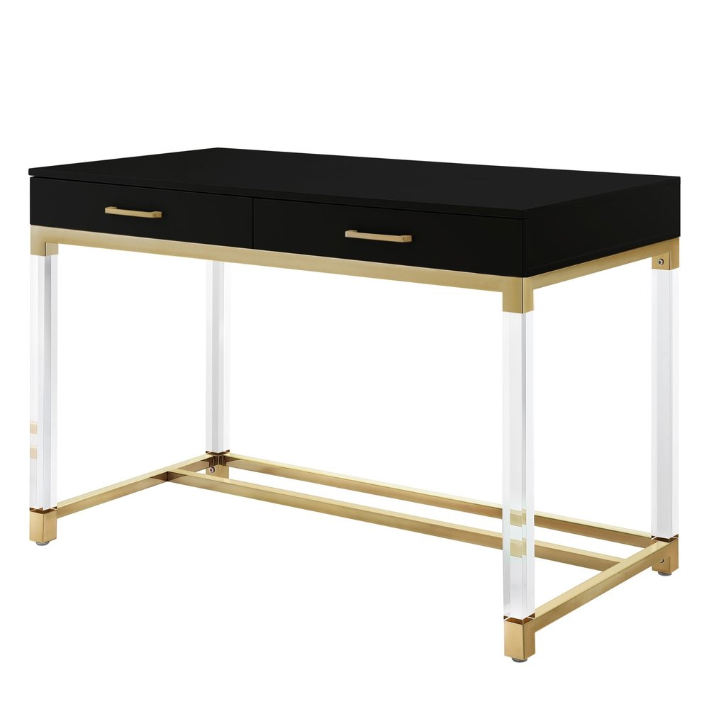 48" Black Clear and Gold Wood Acrylic and Stainless Steel Writing Desk With Two Drawers — view 3