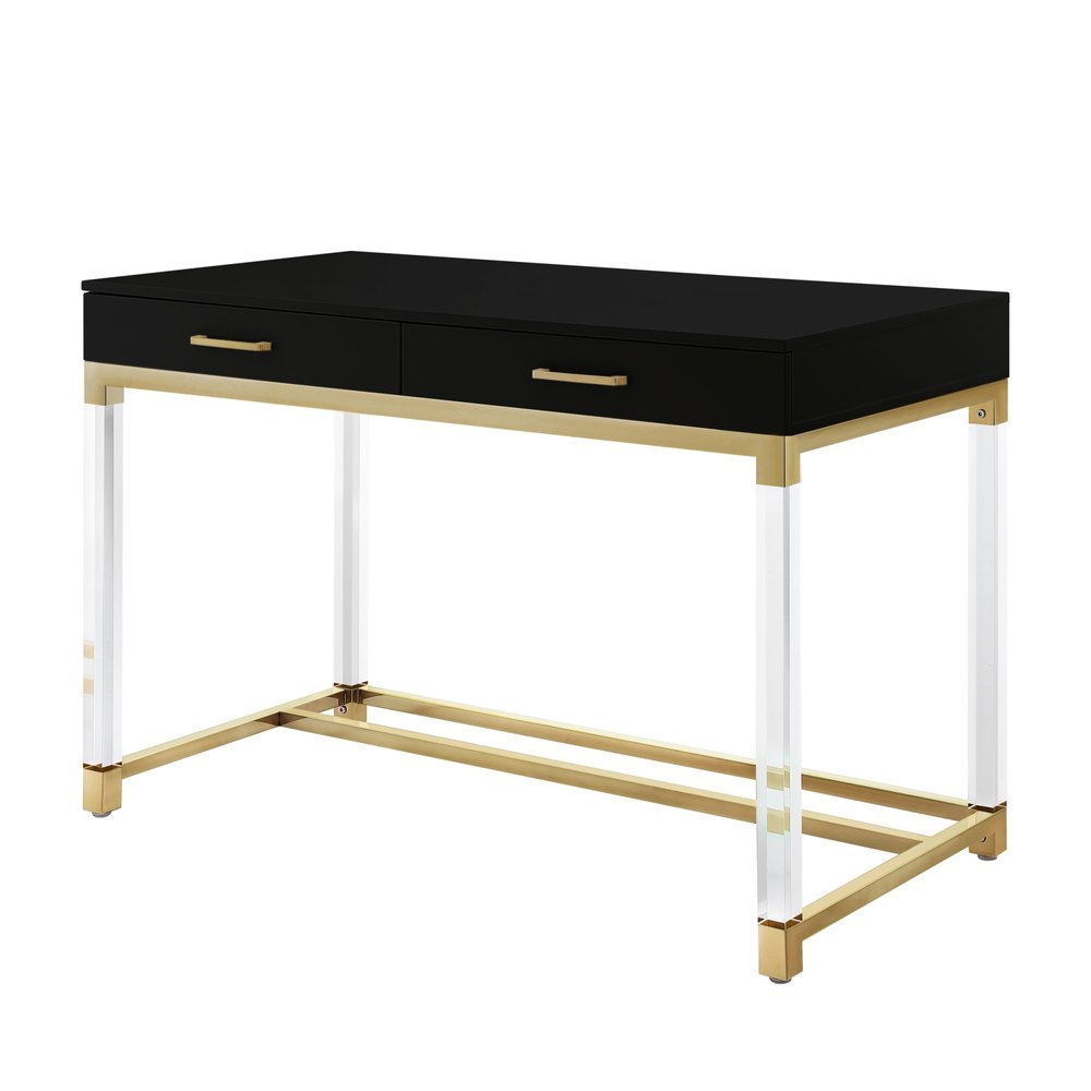 48" Black Clear and Gold Wood Acrylic and Stainless Steel Writing Desk With Two Drawers HomeRoots