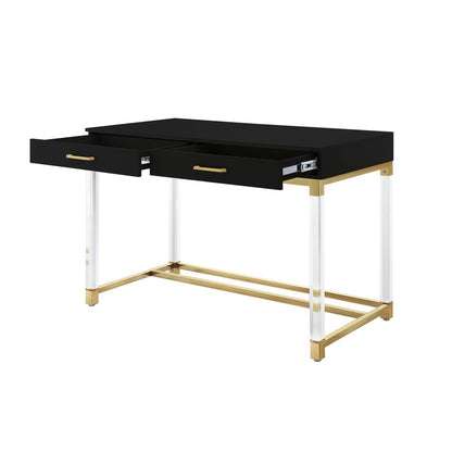 48" Black Clear and Gold Wood Acrylic and Stainless Steel Writing Desk With Two Drawers HomeRoots