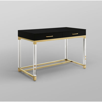 48" Black Clear and Gold Wood Acrylic and Stainless Steel Writing Desk With Two Drawers HomeRoots