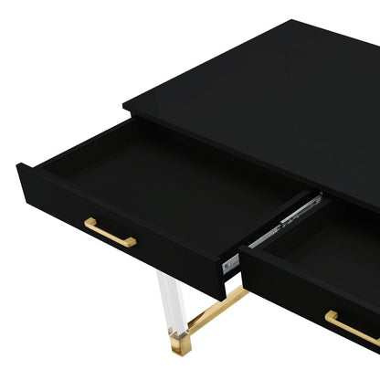 48" Black Clear and Gold Wood Acrylic and Stainless Steel Writing Desk With Two Drawers HomeRoots