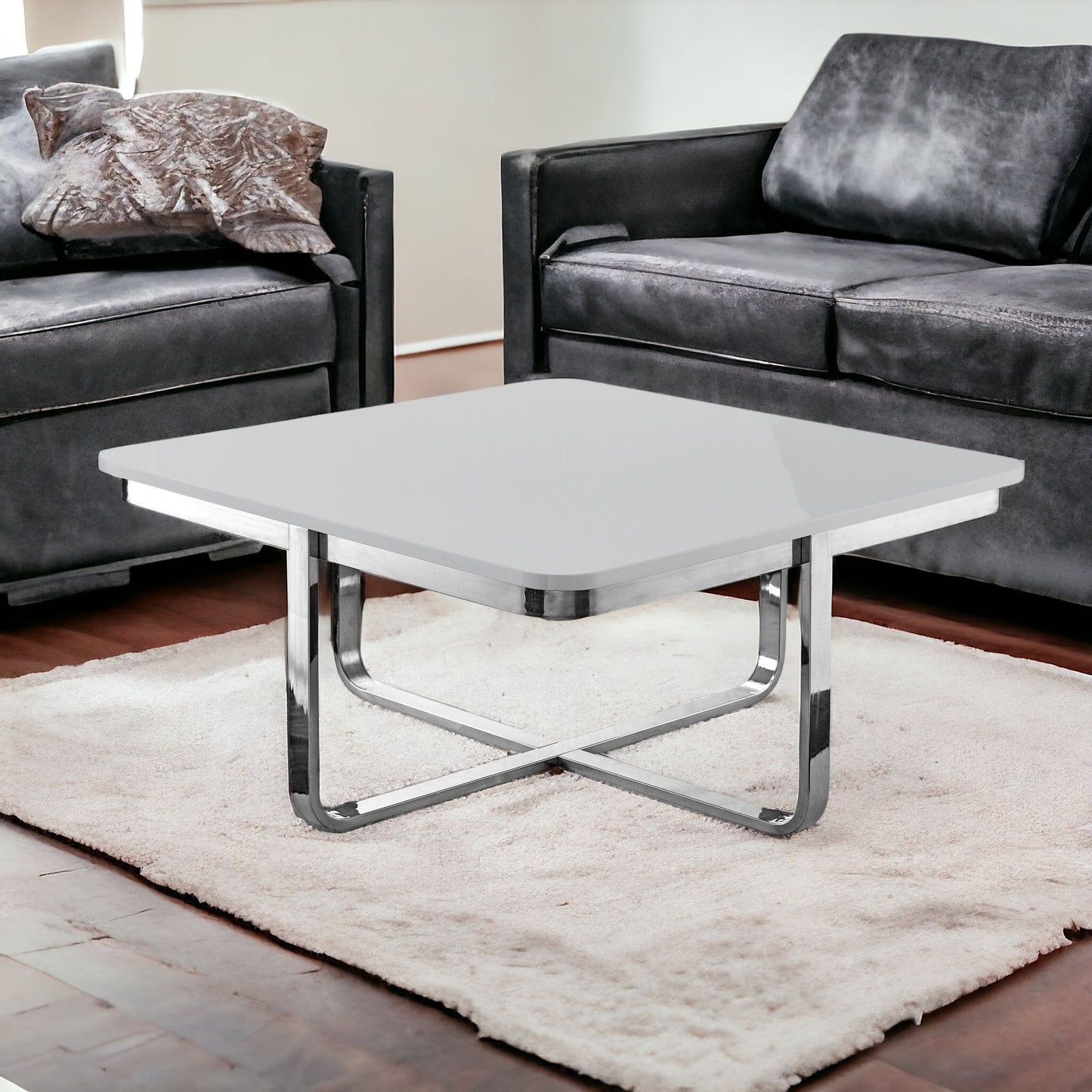 35" Light Gray And Silver Metallic Wood And Stainless Steel Square Coffee Table