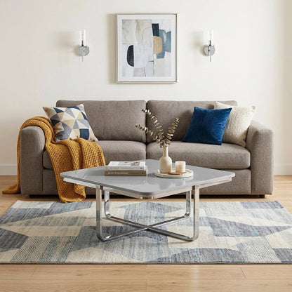 35" Light Gray And Silver Metallic Wood And Stainless Steel Square Coffee Table HomeRoots
