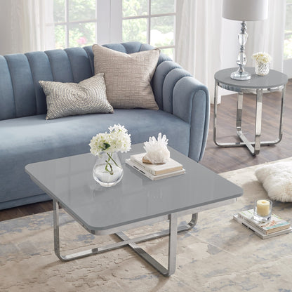 35" White And Silver Metallic Stainless Steel Square Coffee Table